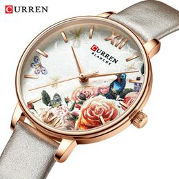 CURREN Beautiful Flower Design Watches Women Fashion Casual Leather Wristwatch Ladies Watch Female Clock Women's Quartz Watch214s