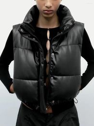 Women's Jackets Womens PU Leather Puffy Vest Lightweight Down Black Jacket Coat Winter Outwear Puffer Female Sleeveless Padded