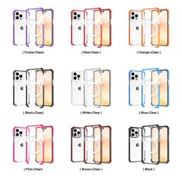 Coloured Edge Corner Bumper Shockproof Acrylic TPE Magnetic Phone Case for iPhone 15Pro Max 14 13 12 11 Magsafe Clear Back Cover