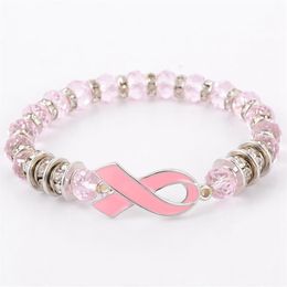 Breast Cancer Awareness Beads Bracelets Pink Ribbon Bracelet Glass Dome Cabochon Buttons Charms Jewelry Gifts For Girls Women244J