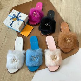 France slides women lamb wool slippers Classic Flat heel Summer Designer Fashion flops lady Slides women shoes Hotel Ladies sexy Paris 1V Sandals SIZE 35-43