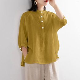 Women's Blouses Solid Colour Linen Shirt For 2023 Fall Trendy Medium Sleeved Button Blouse Casual Loose Lightweight Female Shirts