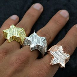 Mens 3D Star 14K Gold Plated Copper Rings Bling Iced Out Cz Stone Star Shape Ring Gold Silver Rosegold Hiphop Jewelry222w