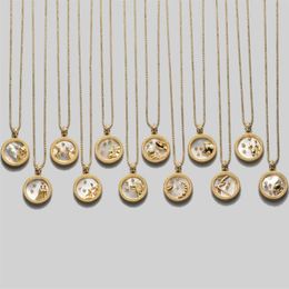 Pendant Necklaces 925 Sterling Silver 12 Zodiac Necklace Shell Round Coin Constellation For Women Jewelry Party Gift257Z