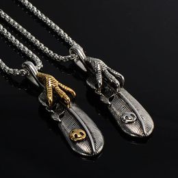 High Quality Titanium Steel Feather Eagle Claw Pendant Chains Necklace For Mens Trendy Japan Goro's Joyas Male Bijoux259G
