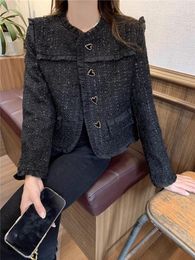 Women's Jackets Wooden Ear Patchwork Tweed Small Fragrance Coat Female Autumn 2023 Chic Love Button Loose Tops Simple Elegant Women