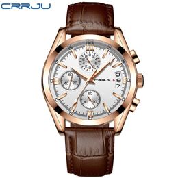 CRRJU Men Military Watches Male Black dial Business quartz watch Men's Leather Strap Waterproof Clock Date Multifunction Mens2635