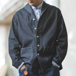 Men's Jackets Tooling Jackets Mens American Casual Blue Washed Denim Jacket Navy Amekaji Vintage streetwear Jacket 230923