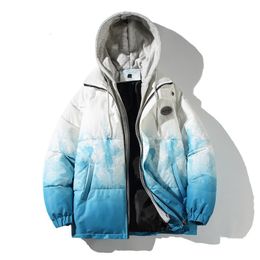 Mens Down Parkas Winter Thickened Warm Cotton Jacket Hooded Casual Coat Black And Blue Printed Hiphop Trend Harajuku Style 230923