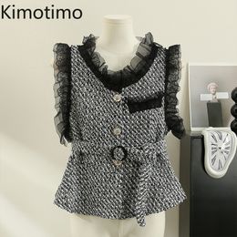 Women's Vests Kimotimo French Retro Lace Spliced Tweed Vest Women Ruffled Belt Waist Short Sleeveless Y2k Tops Autumn Winter Slim Fashion Coat 230923