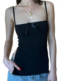 Women's Tanks Slim Cami Tops Mini Satin Bowknot Front Spaghetti Strap Vest Side Slit Tank Streetwear