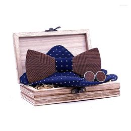 Bow Ties Linbaiway Retro Wood Pocket Square Cufflinks Set For Wedding Man Wooden Bowties Handkercheif Hanky Neck With Box