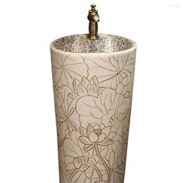 Bathroom Sink Faucets White Lotus Carving Pedestal Basin Integrated Floor Type Wash Inter-Platform Balcony Ceramic Column
