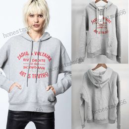 Zadig Voltaire 23AW Women Designer Sweatshirt New ZV Sportshirt Printing Hot Drill Fashion Hoodies Loose Fleece Pure Cotton Sweatshirt Grey Plush Sweater