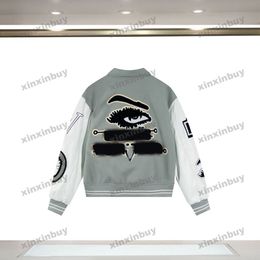 xinxinbuy Men designer Coat Jacket baseball Eye letter towel embroidery long sleeves women Grey Black khaki S-2XL