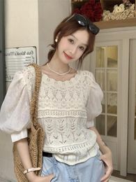 Women's Sweaters Make Firm Offers To Design Unique Feeling Small Hook Flower Stitching Bud Silk Knitwear Bubble Round Collar Shirt With