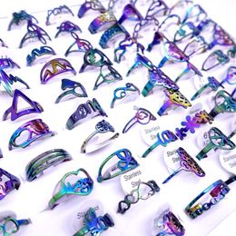 Whole 100pcs Lot Mens Womens Stainless Steel Band Rings Multicolor Laser Cut Patterns Hollow Carved Flowers Mix Styles Fashion2841