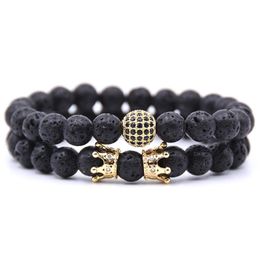 New Fashion Couple Bracelet 2 piece Sets Men Jewelry 8mm Natural Lava Stone Micro-inlay Zircon Crown Charm Bracelets For Women275Y