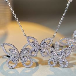 High Quality White Gold Plated 925 Sterling Silver Bling CZ Butterfly Studs Earrings Necklace for Girls Women Lovely Jewellery Gift