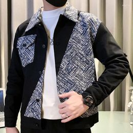 Men's Jackets Vintage Geometric Pattern Patchwork Stitching Jacket Mens 2023 Fall Lapel Motorcycle Korean Slim British Casual