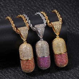 Colourful Iced Out Open Pill Shape Pendant Bling Cubic Zircon Designer Necklace Mens silver fashion Jewellery necklaces for women289i