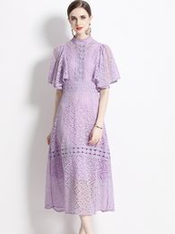Basic Casual Dresses 2024 A Line New Arrival Summer Purple Lace Hollow Out Long Dress Women Flying Short Sleeves Slim Waist A-Line Dress Vestidos