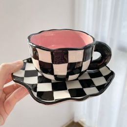 Mugs Hand Painted Checkerboard Coffee Cup and Saucer Underglaze Ceramic Personalised Tea Set Microwave Dishwasher Safe Cute Gifts 230923