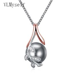 Drop charms pendants rose gold plate pave grey pearl & cubic zircon crystal jewelry pendant necklace for women280Z