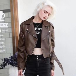 Women's Leather Faux Fur Vintage Coat Women Short 2023 Spring and Autumn Leisure Motorcycle PU Jacket 230923