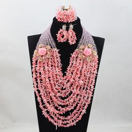Necklace Earrings Set Baby Pink Coral Beads African Wedding Bridal Fashion Nigerian Women ABH234