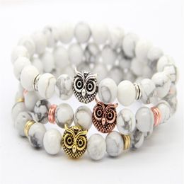 2016 New Design Top Quality 8mm Natural White Howlite Stone Beads Antique Gold Rose Gold Silver Owl Bracelets Exquiste Gifts172W