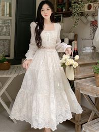 Basic Casual Dresses 2024 French Sweet Style High-Waist Flared Sleeve Dress For Women Spring And Autumn Square Collar Embroidered Vintage Long Dress