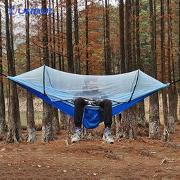 Hammocks Automatic Quick-opening Mosquito Net Hammock Outdoor Camping Pole Hammock swing Anti-rollover Nylon Rocking Chair 260x140cm 230923