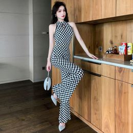 Women's Two Piece Pants Office Lady Elegant Suit Summer Drip Neck Sleeveless Tank Top Checkerboard Flare Two-piece Set Female Clothes