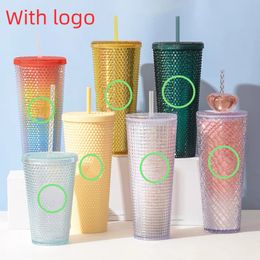 Water Bottles 710ml double layer coffee cup with lid with straw with durian cup 24oz diamond tie cup cold drink cup wholesale 230923