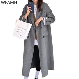Женское полушерстяное двустороннее кашемировое пальто с длинными секциями, осенне-зимнее свободное двубортное шерстяное пальто выше колена, полное 230923