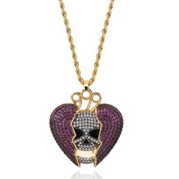 18K Gold Plated Hip Hop Personalised Skeleton Broken Heart Pendant Chain Necklace Copper Iced Out Purple CZ Cubic Zircon for Men a225A