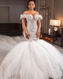 2023 Oct Arabic Aso Ebi Luxurious White Mermaid Wedding Dress Beaded Crystals Tulle Bridal Gowns Dresses ZJ303