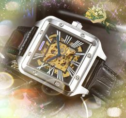 Square Roman Tank Hollow Skeleton Dial Men designer watch automatic mechanical movement stainless steel leather belt clock waterproof day date Wristwatches gifts