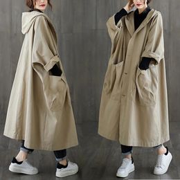 Women's Jacket's Wool Blend Vintage Hooded Trench Korean Autumn Winter Long Windbreaker Loose Pocket Office Lady Tunic Sashes Single Breasted Overcoat 230923