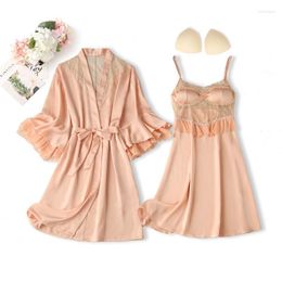 Women's Sleepwear 2PCS Women Bathrobe Gown Suit Lace Hollow Out Nightgown Two Piece Set Summer Satin Kimono Robe Nightdress Home Dressing