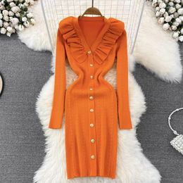 Women's Sweaters 2023 Autumn Elegant Women V-neck Ruffled Knitted Dress Winter Slim Lady Sweater Dresses Midi Long Bodycon Bottomings WZ2291