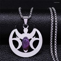 Pendant Necklaces Triple Moon Goddess Necklac For Woman Purple Crystal Stainless Steel Wicca Hecate Chain Jewelry Bijoux Femme N4354S02