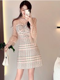 Basic Casual Dresses 2024 Mesh Patchwork Embroidery Elegant Dresses For Women Stand Collar Flare Long Sleeve High Waist Chic Plaid Tweed Woollen Dresses