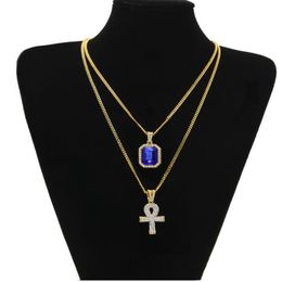 New Designer Egyptian Ankh Key of Life Bling Rhinestone Cross Pendant With Red Ruby Pendant Necklace Set Men Hip Hop Jewelry254A