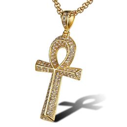 Vintage Cubic Zirconia Hiphop Cross Pendant Necklaces For Men Stainless Steel Jesus Jewellery Crystal 18K Gold Plated Life Key Neckl270V