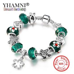 YHAMNI DIY Style Flower Charm Bracelet Bangle For Women Glass Beads Crystal Ball Brand Bracelet For Women Wedding Jewelry Gift SL52854