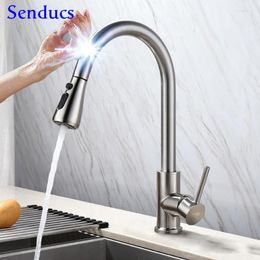 Bathroom Sink Faucets Smart Touch Kitchen Faucet Senducs Brushed Pull Down Mixer Tap Automatic Sensor Brass Water Taps