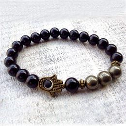 SN0591 New Design Pyrite Hamsa bracelet Fatima Hand bracelet For Men Onyx and Pyrite bracelet Hamsa Jewelry254m