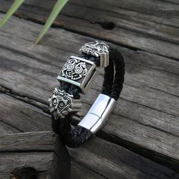 Charm Bracelets Viking Slavic Cowhide Bracelet Men Black Braided Leather Cuff Stainless Steel Magnetic Clasp 100% Genuine Bangles1240P